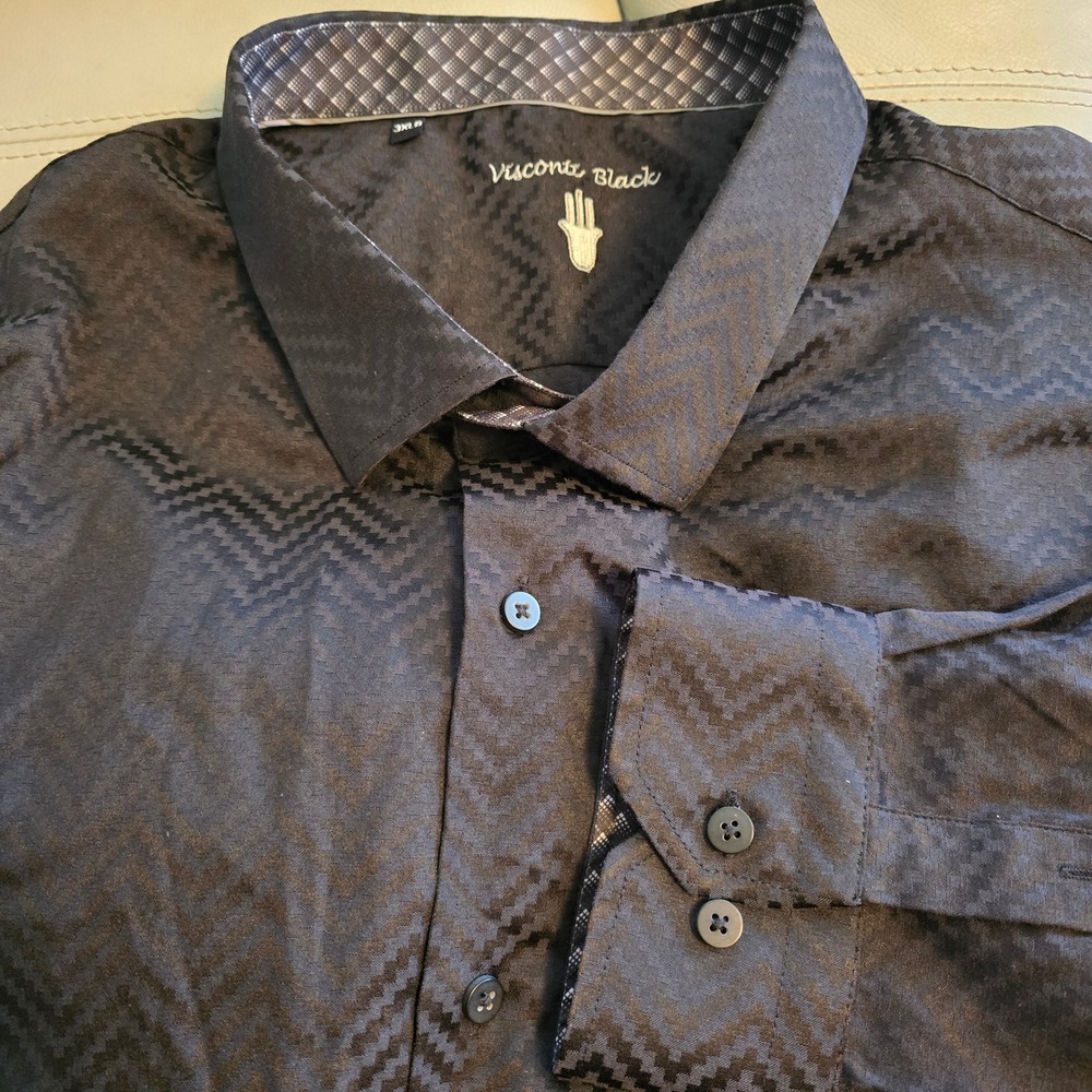 Visconti Black Mens 3XLB‎ Button Down Shirt Long Sleeve Chevron Jacquard Black